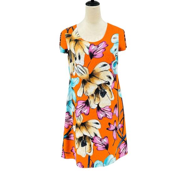 Chico’s Sz 00 PETITE Reversible Orange Tropical Floral Cheetah Print Shift Dress - Picture 1 of 15